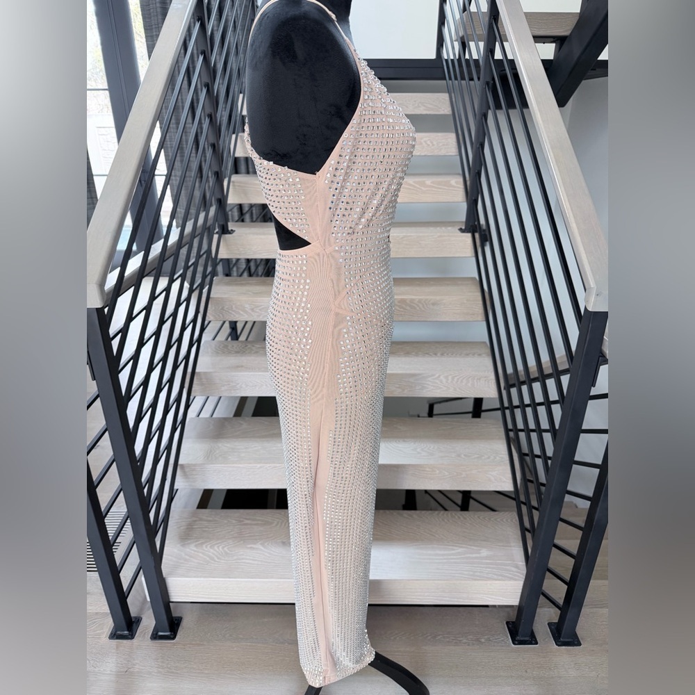 New Hanlterneck Beige Hollow rhinestone Evening Wedding Cocktail Dress size S - Picture 10 of 10